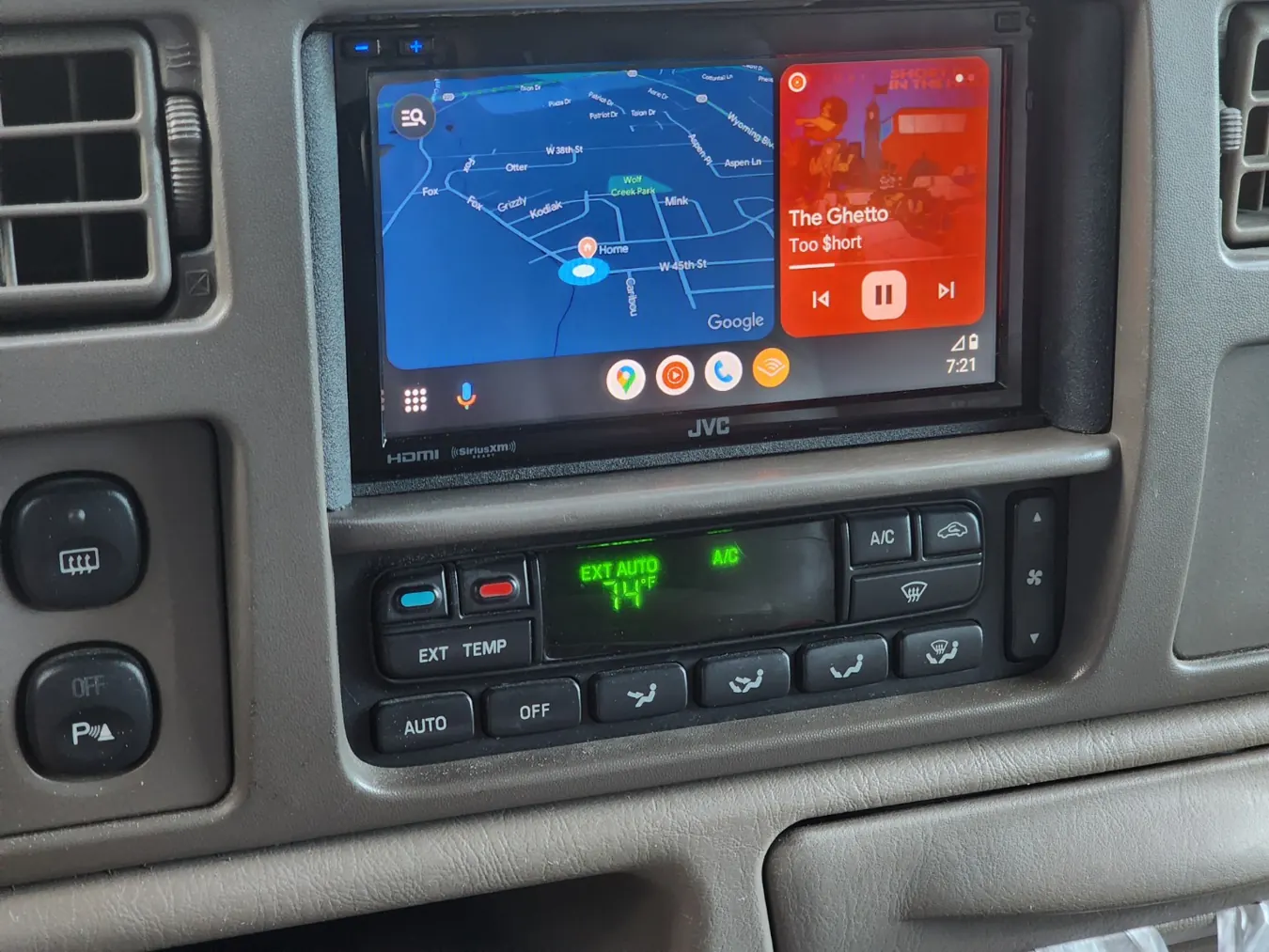 JVC touchscreen receiver integrated into vehicle dashboard